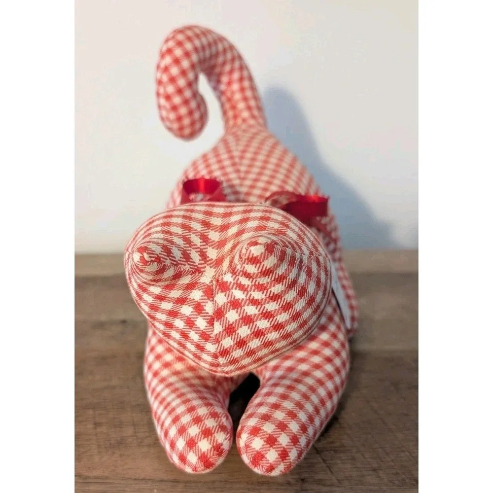 Vintage Handmade Gingham Red White Cat Shelf Sitter Country Cottage Core Sturdy